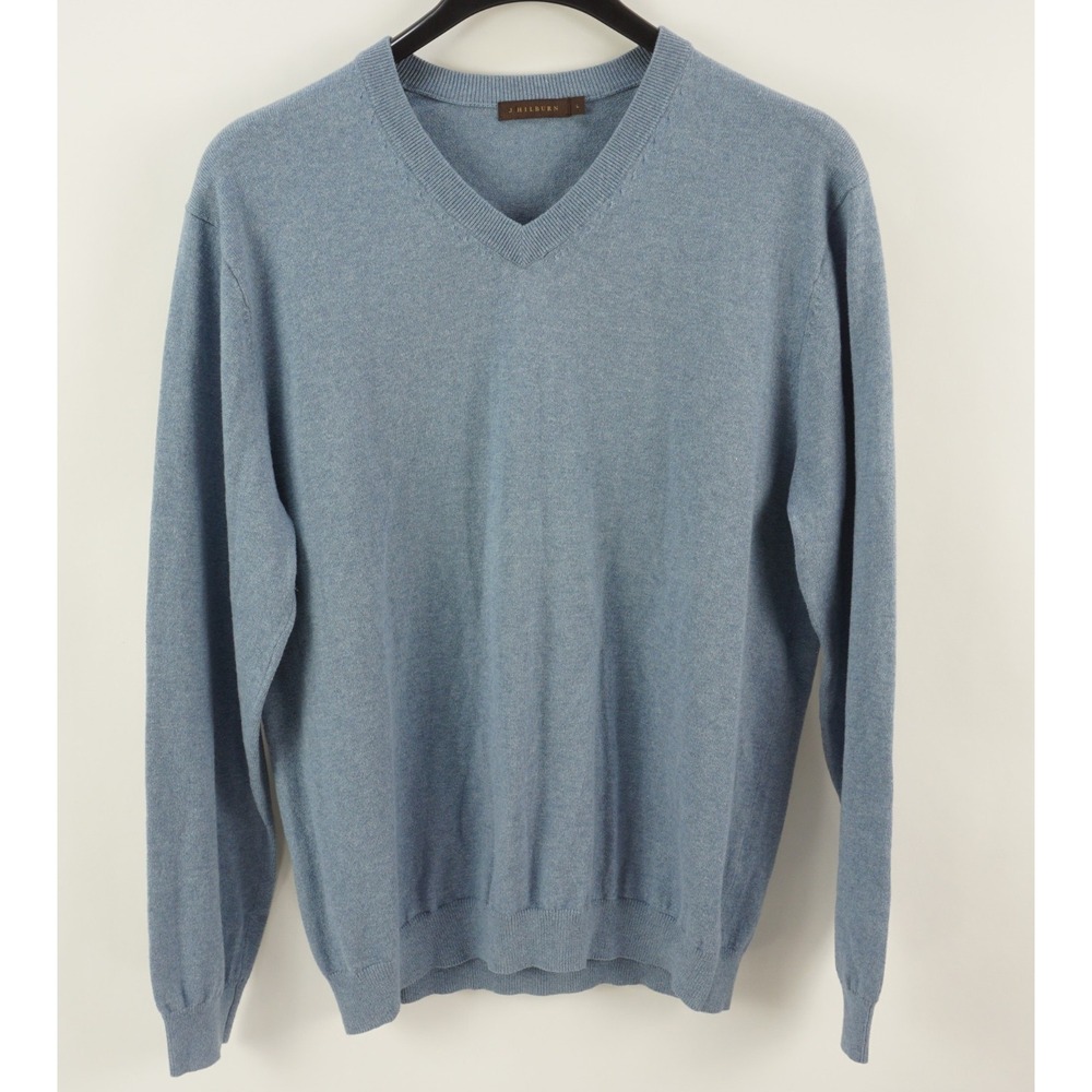 J. Hilburn Cotton Silk Cashmere‎ V-Neck Sweater Men's Large Blue Melange Knit